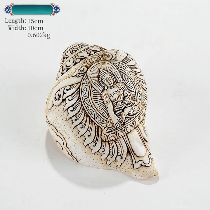Engraved Buddhist Conch Shell Sculpture 15cm with Buddha Motifs and Product Specifications