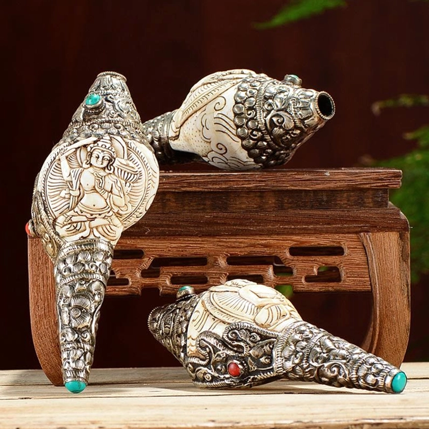 Tibetan hand-engraved Buddhist shankha conch shell decorations with silver inlay and turquoise beads