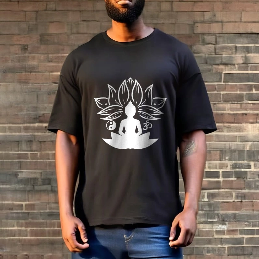 Man wearing Buddhist graphic tee with white lotus and Om design, relaxed fit crew neck cotton shirt