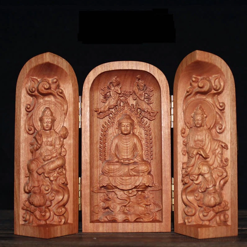 Cherry wood Buddhist altar shrine featuring seated Buddha and cloud-patterned carvings with gilded hinges