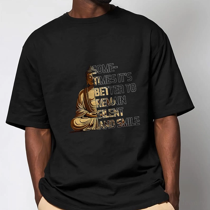 Male model wearing black Buddhist mindfulness T-shirt with serene Buddha print, relaxed casual fit half-body view