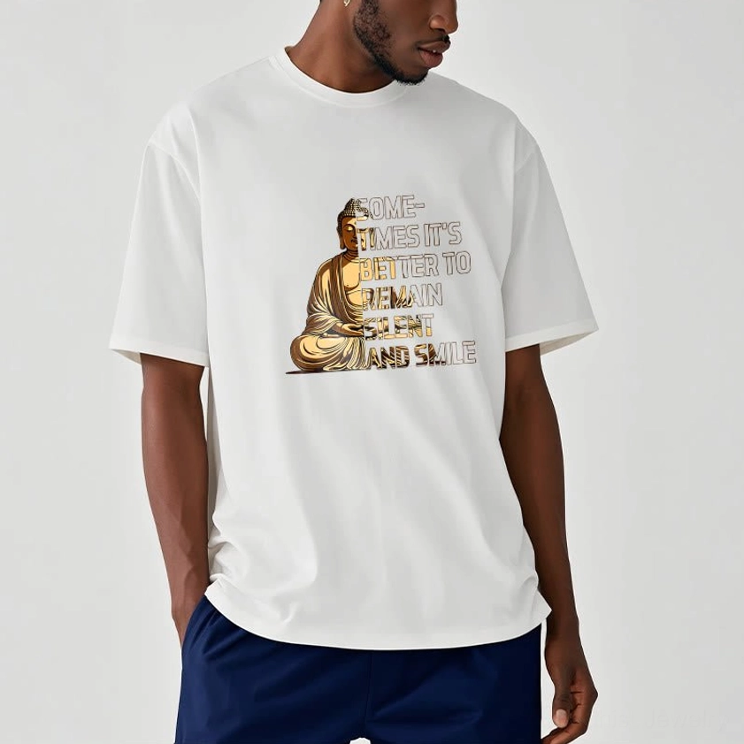 Male model in white Buddhist T-shirt with serene message graphic, half-body casual relaxed fit light background