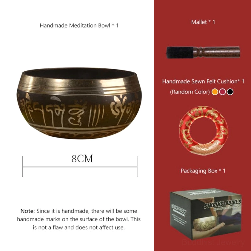 Complete Buddhist singing bowl meditation set with 3.15 inch copper bowl, wooden mallet, felt cushion and packaging box included