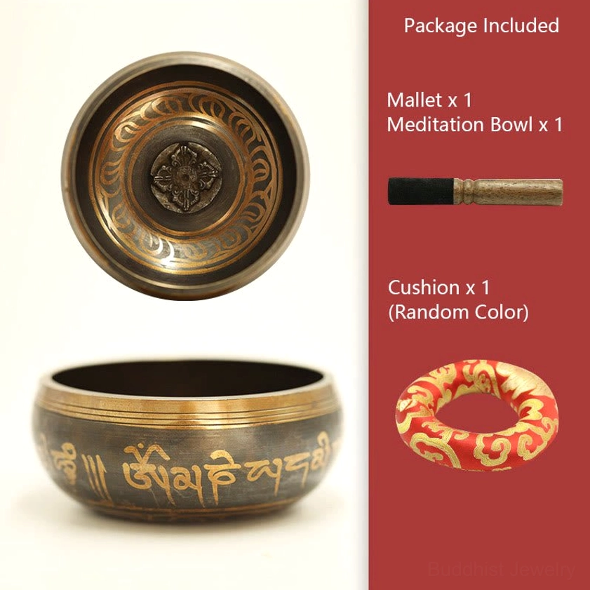 Complete Buddhist singing bowl meditation set package including handcrafted bowl, wooden striker, and random-color cushion in flat lay e-commerce view