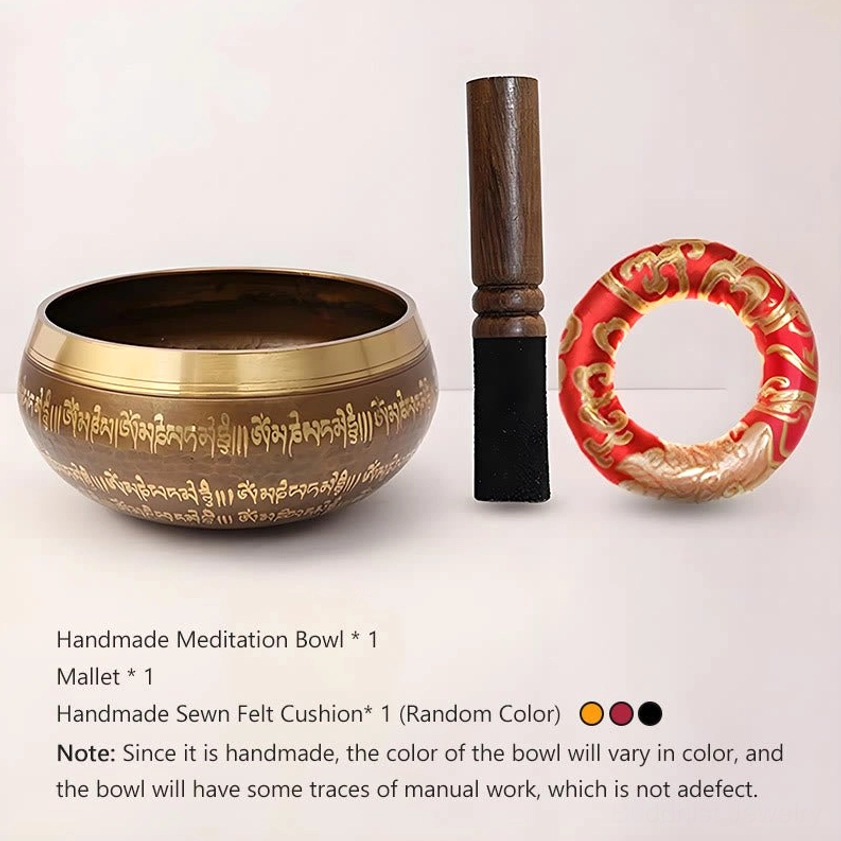 Complete Buddhist singing bowl meditation set including copper bowl, wooden mallet striker, and felt cushion, professionally displayed on white background, handcrafted collection