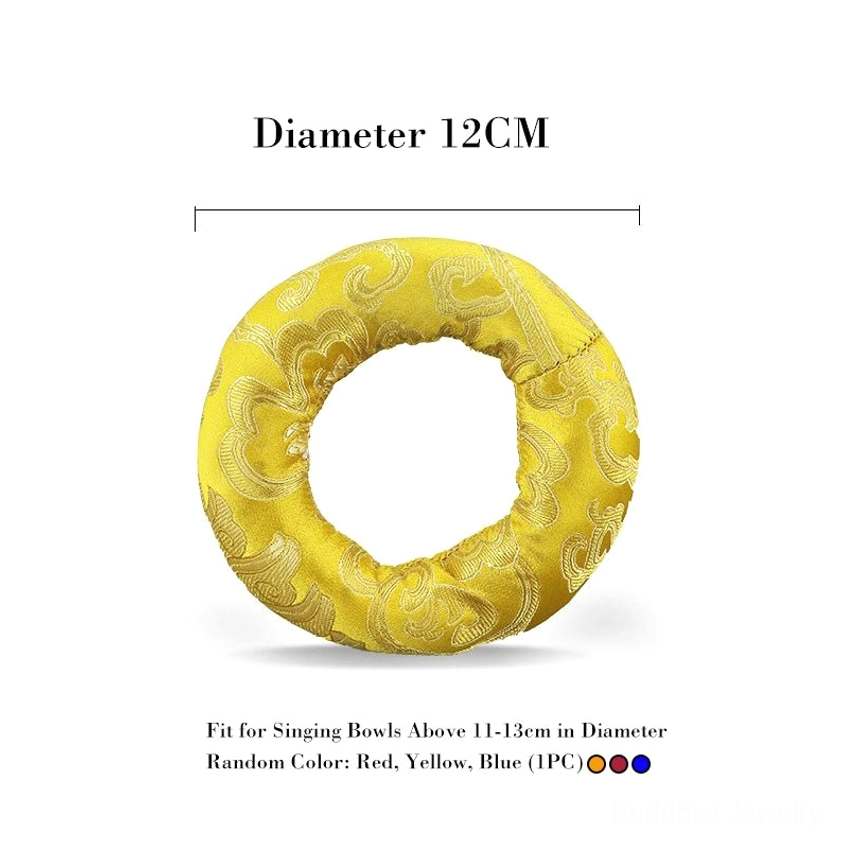 12cm diameter Buddhist singing bowl meditation cushion with yellow brocade and gold embroidery, ideal for sound healing practice