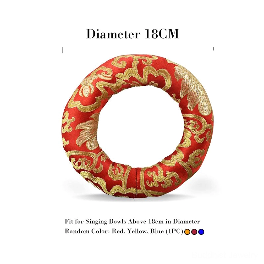 Handcrafted Buddhist singing bowl meditation cushion showcasing authentic Nepalese brocade textile and golden embroidery artistry