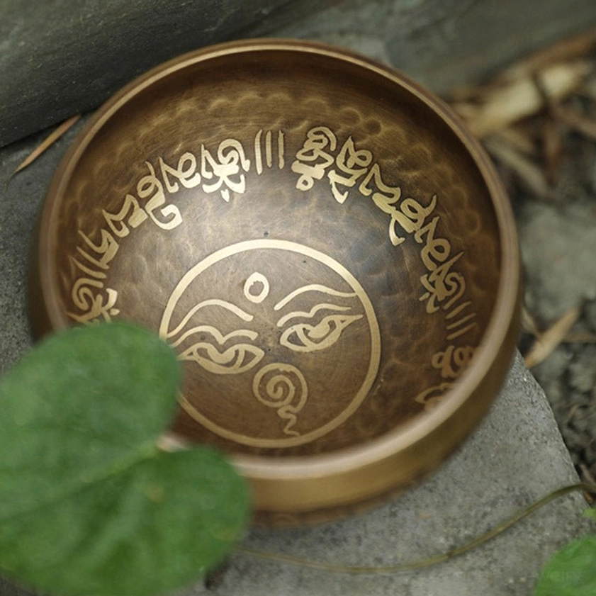 Buddhist singing bowl with eye of wisdom pattern engraved design on hammered brass, outdoor natural backdrop with stone