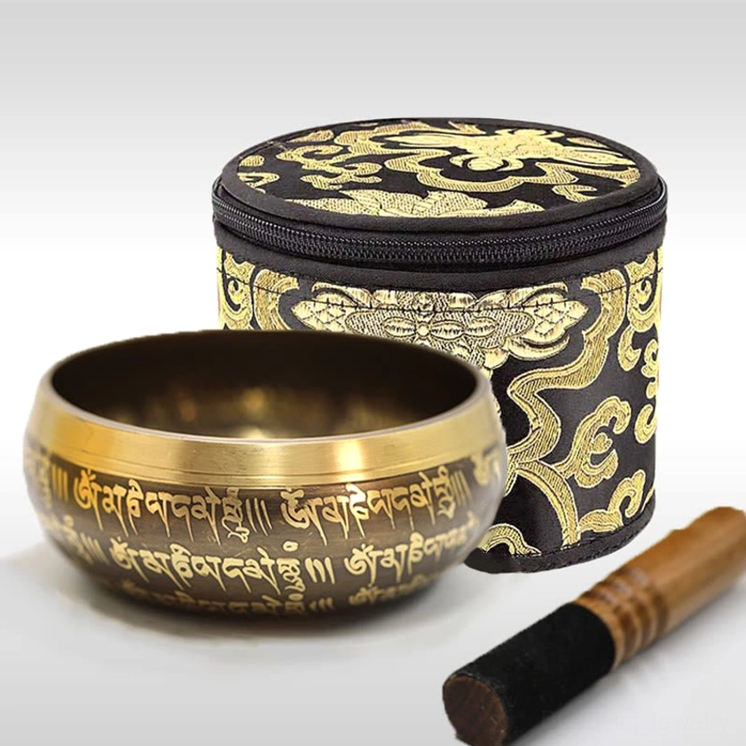 Complete handcrafted Buddhist singing bowl meditation set including bowl, wooden mallet and embroidered storage box