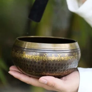 Handcrafted Buddhist singing bowl held in two hands, displaying bronze finish with golden Sanskrit mantras, hammered texture, and gilded rim, photographed in serene bamboo forest setting