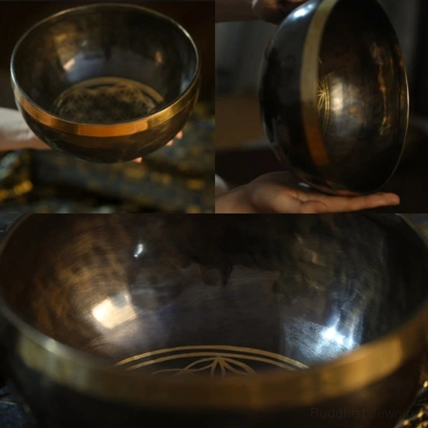 Multiple angles of Buddhist singing bowl showing interior engraved patterns, handheld positions, and craftsmanship details on dark fabric