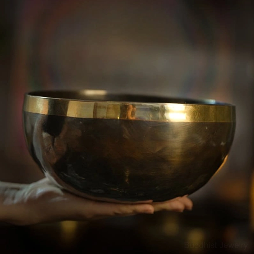 Buddhist copper singing bowl held in single palm, smooth dark metal finish with polished gold rim on warm soft background