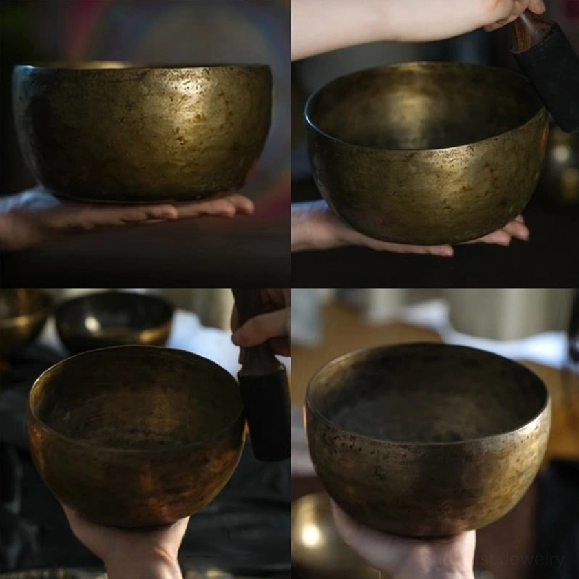 Buddhist meditation singing bowl with rich dark patina and sacred geometry interior engraving for sound healing and chakra work