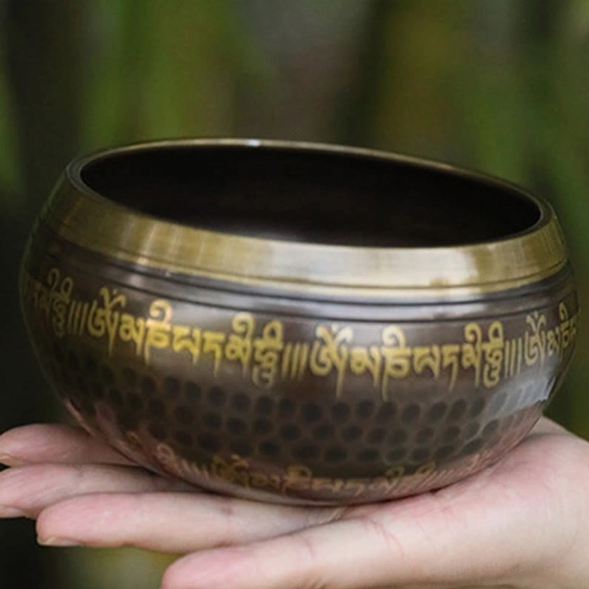Side view of handcrafted Buddhist singing bowl with gilded rim, engraved golden Sanskrit text, and distinctive hammered bronze surface, held by two hands outdoors