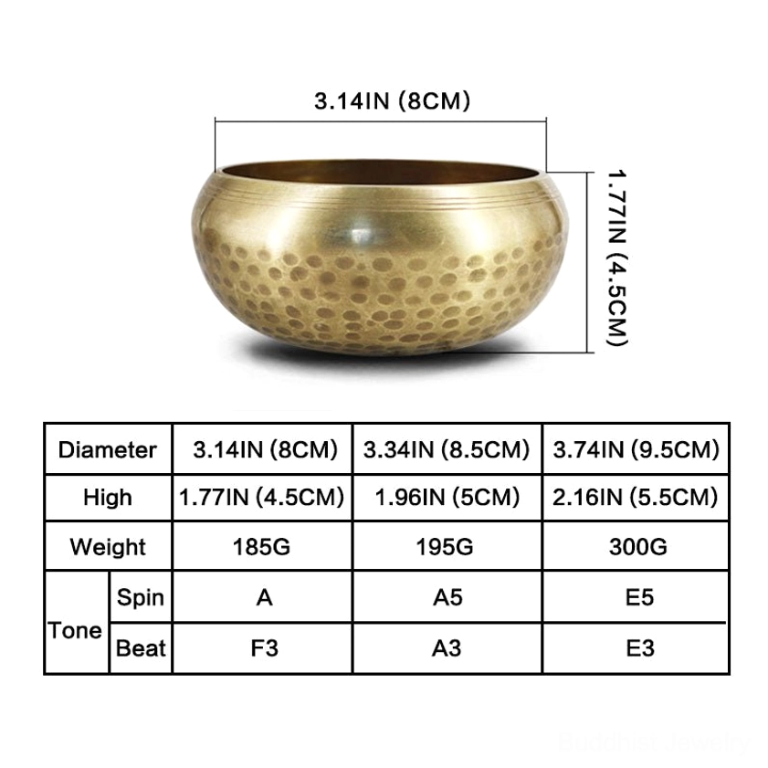 Singing bowl specification chart showing three size options with diameter, height, weight, and tone characteristics for Buddhist meditation bowls