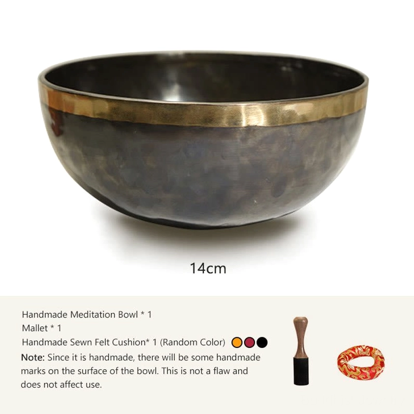 14cm small Buddhist singing meditation bowl front view with size marking, portable copper bowl with polished gold border