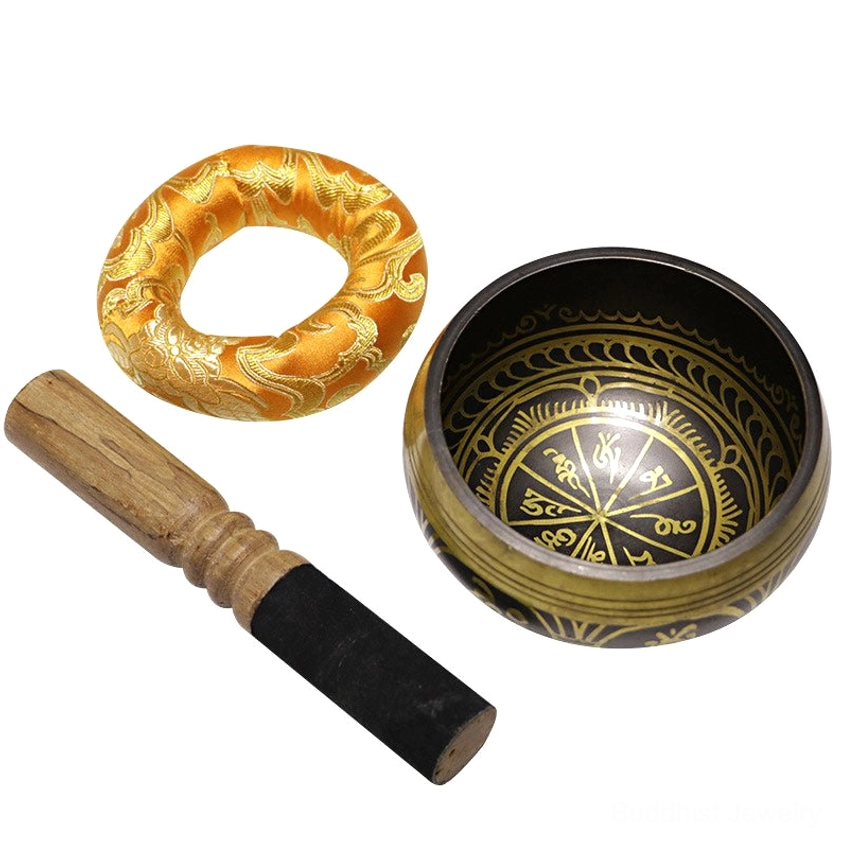 Buddhist singing bowl for sound bath meditation and energy healing with included wooden mallet and cushion accessories
