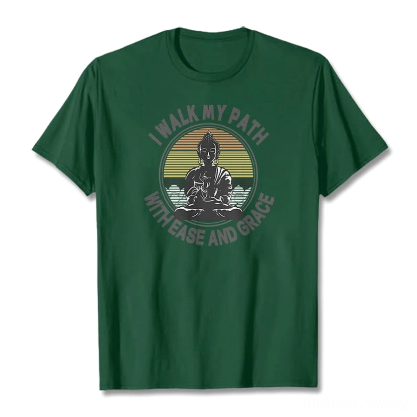 Dark green Buddhist graphic t-shirt with ease and grace mantra inspirational print flat lay