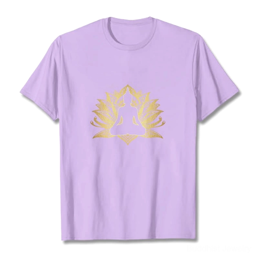 Buddhist spiritual graphic t-shirt featuring gold Buddha lotus design, neutral background product shot