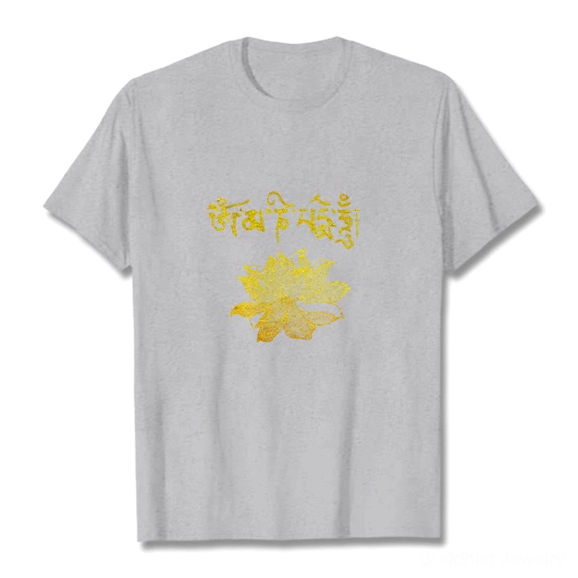 Premium handmade Buddhist spiritual t-shirt with golden Sanskrit and lotus flower - eco-friendly natural cotton graphic tee