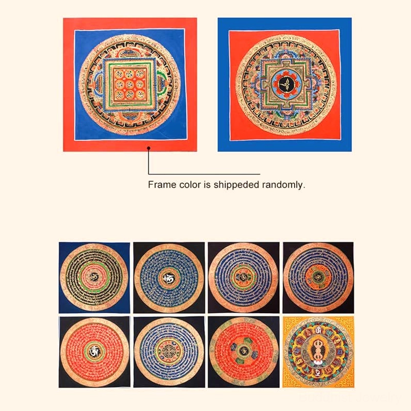 Handmade Buddhist spiritual thangka with intricate mantra rings and sacred deity figures for contemplation