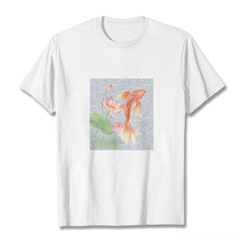 White Buddhist cotton t-shirt featuring koi fish and lotus flower spiritual artwork, front flat lay view