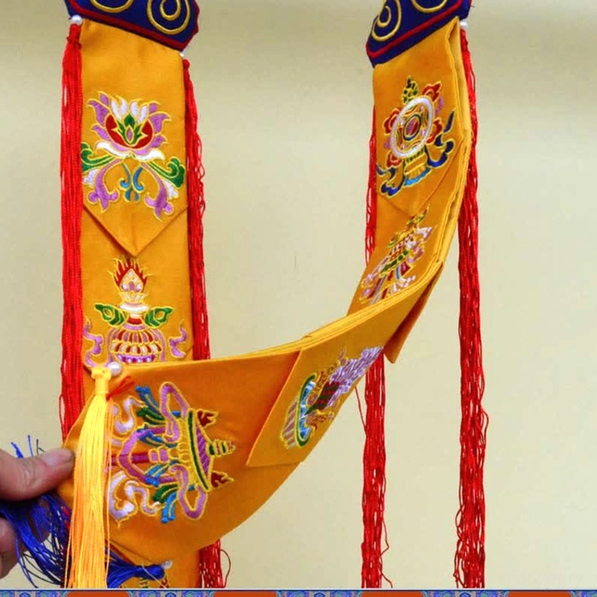 Buddhist spiritual wall art tapestry with protective symbols and vibrant silk embellishments