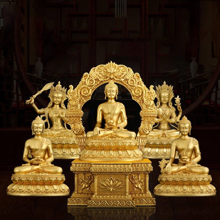 Collection of hand-cast copper Buddhist statues featuring Shakyamuni, Amitabha, and Medicine Buddha with gilded lotus pedestals