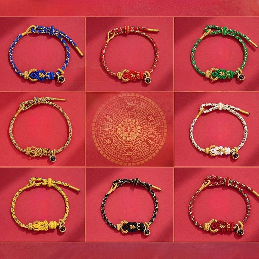 Multiple color variations of Buddhist string bracelets displayed together showing complete collection range