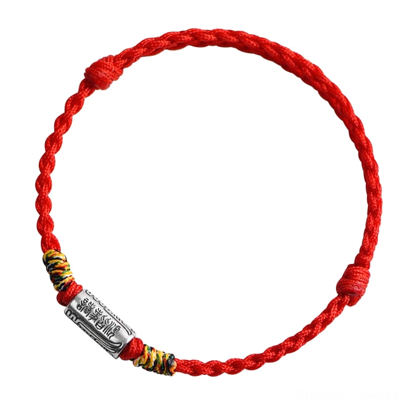 Full length view of handcrafted Buddhist string bracelet displaying complete rope length and silver ornament positioning