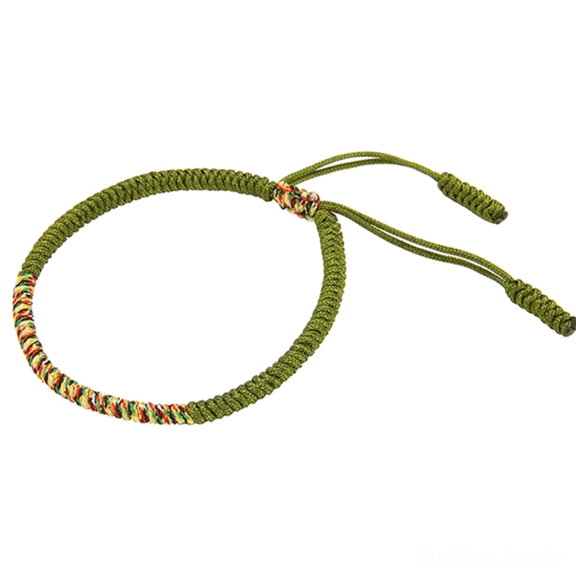 Buddhist King Kong Knot braided bracelet multicolor design with adjustable sizing detail close-up view showing craftsmanship