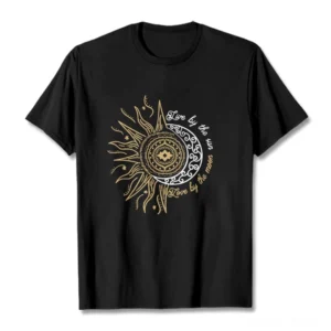 Live by the Sun Love by the Moon Buddhist T-Shirt flat lay front view with celestial sun and moon graphic print on black cotton
