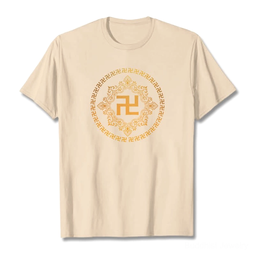 Bisque colored Buddhist swastika mandala t-shirt with golden sacred print flat lay