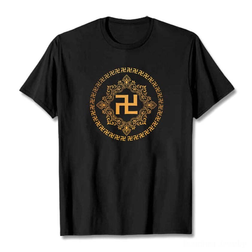 Black Buddhist swastika mandala t-shirt with golden print, front view flat lay