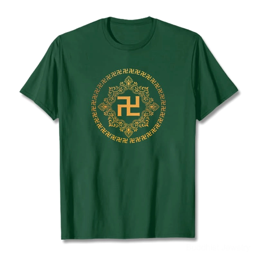 Forest green Buddhist swastika mandala t-shirt with golden sacred symbol print