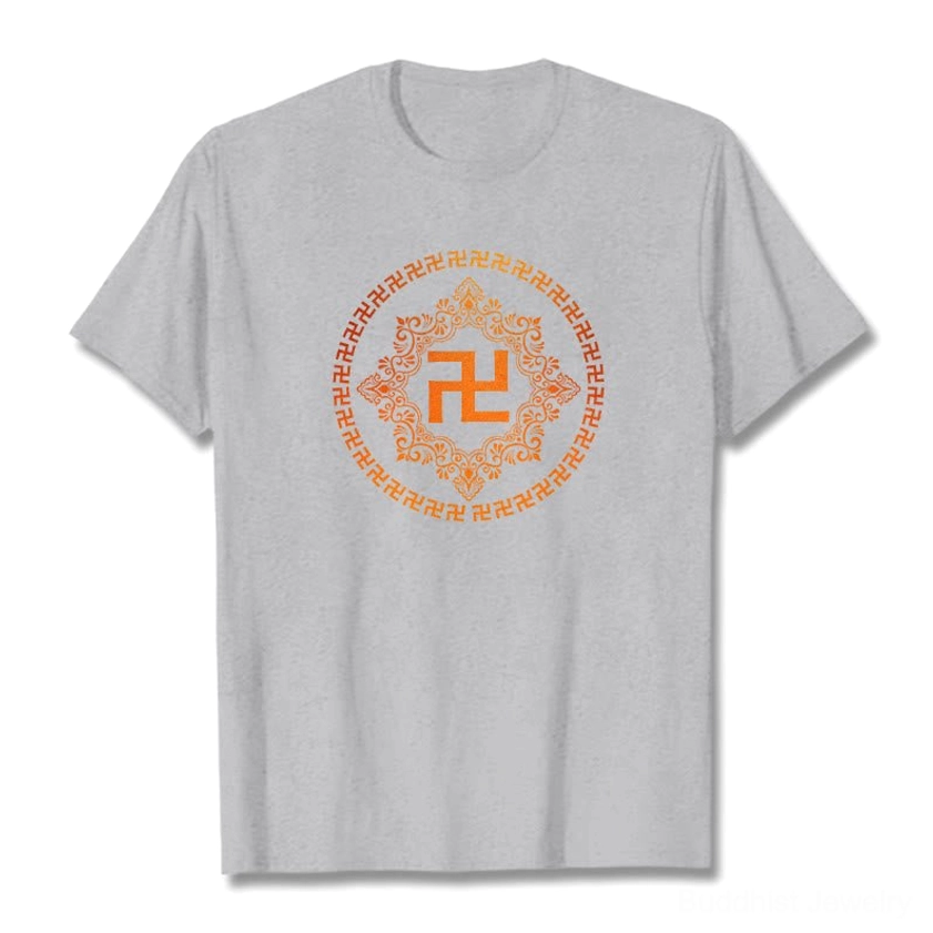 Light grey Buddhist swastika mandala t-shirt with golden print, studio flat lay