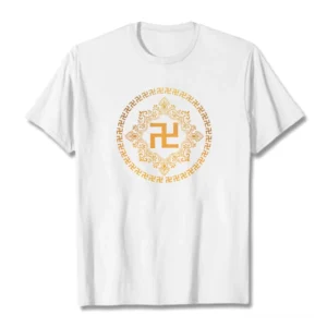White Buddhist swastika mandala t-shirt with golden print, flat lay front view