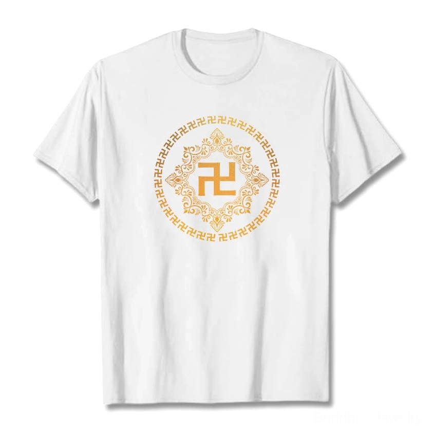White Buddhist swastika mandala t-shirt with golden print, flat lay front view