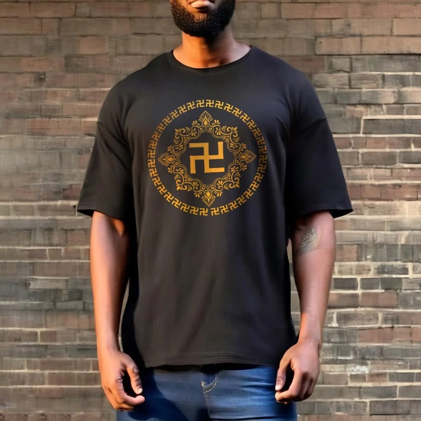 Man modeling black Buddhist swastika t-shirt with casual relaxed fit