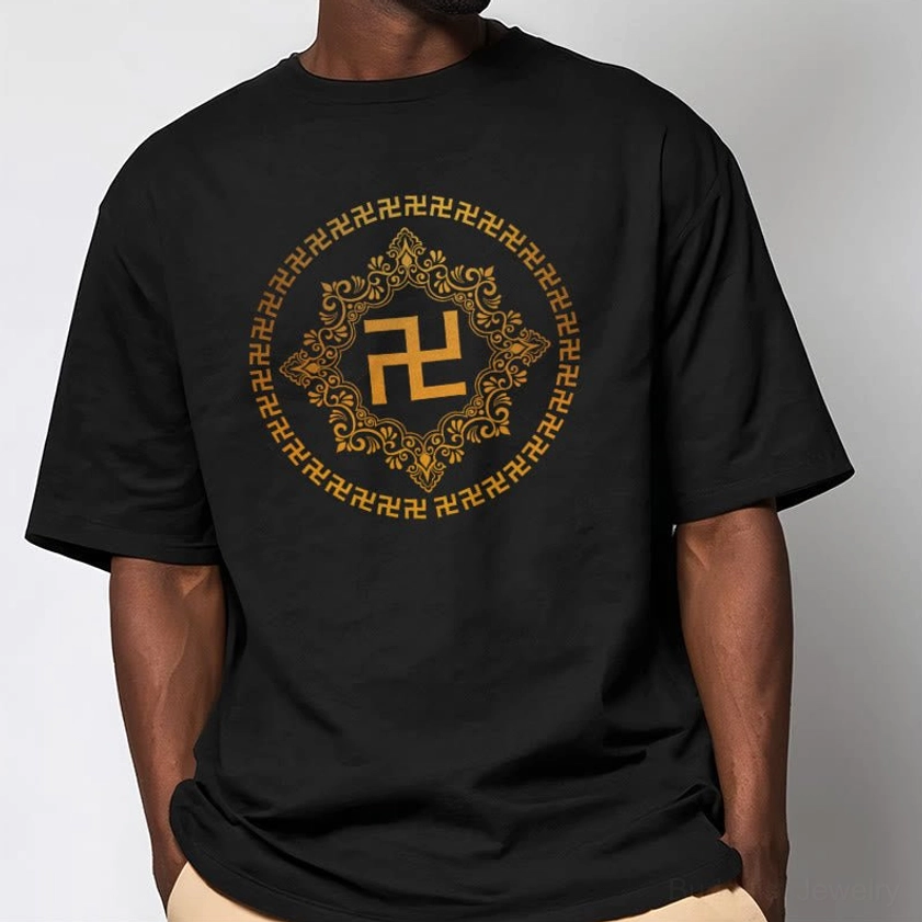 Dark tone Buddhist swastika mandala t-shirt worn by man against brick wall backdrop