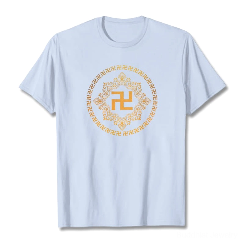 White cotton Buddhist swastika t-shirt detail shot showing crew neck and mandala print