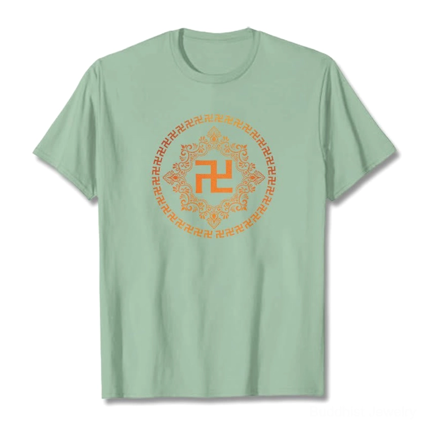 Buddhist swastika mandala t-shirt layered with jacket, versatile casual styling