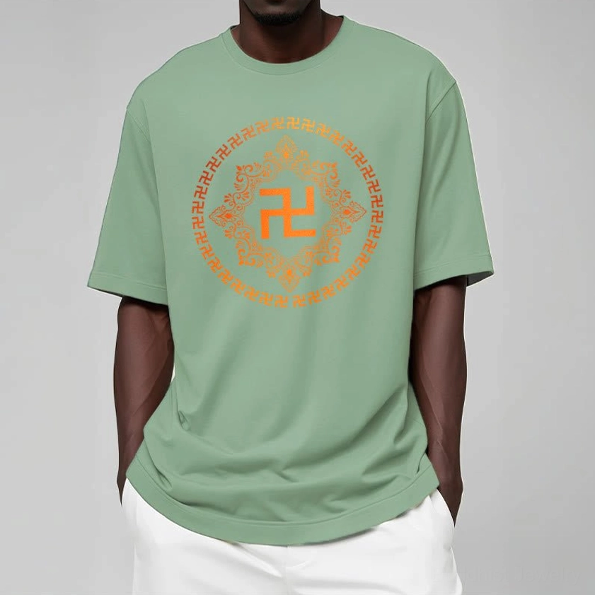 Premium Buddhist swastika t-shirt showing golden mandala print on comfortable fit