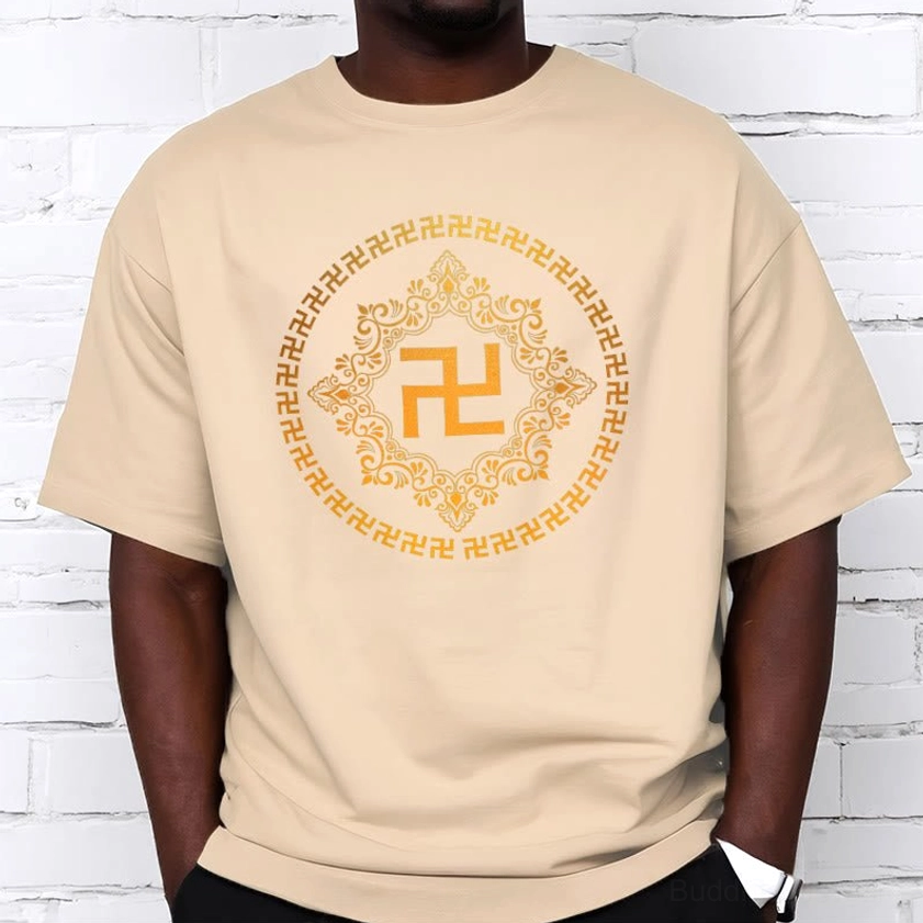 Woman wearing bisque Buddhist swastika spiritual t-shirt with mandala design