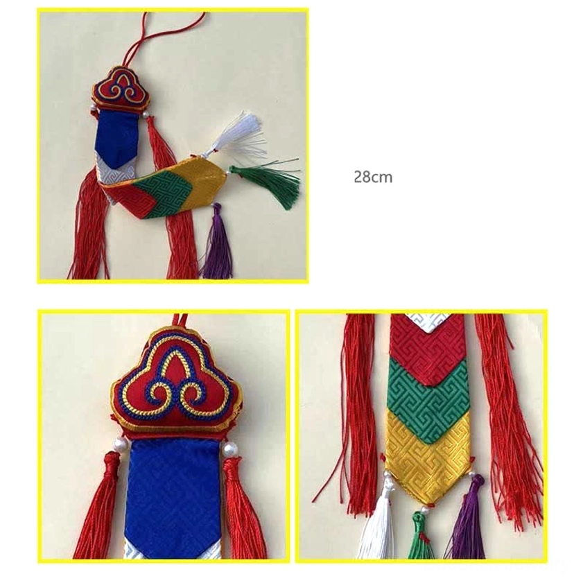Buddhist tassel ornament detail shots showing 28cm sizing, top buckle and fabric construction
