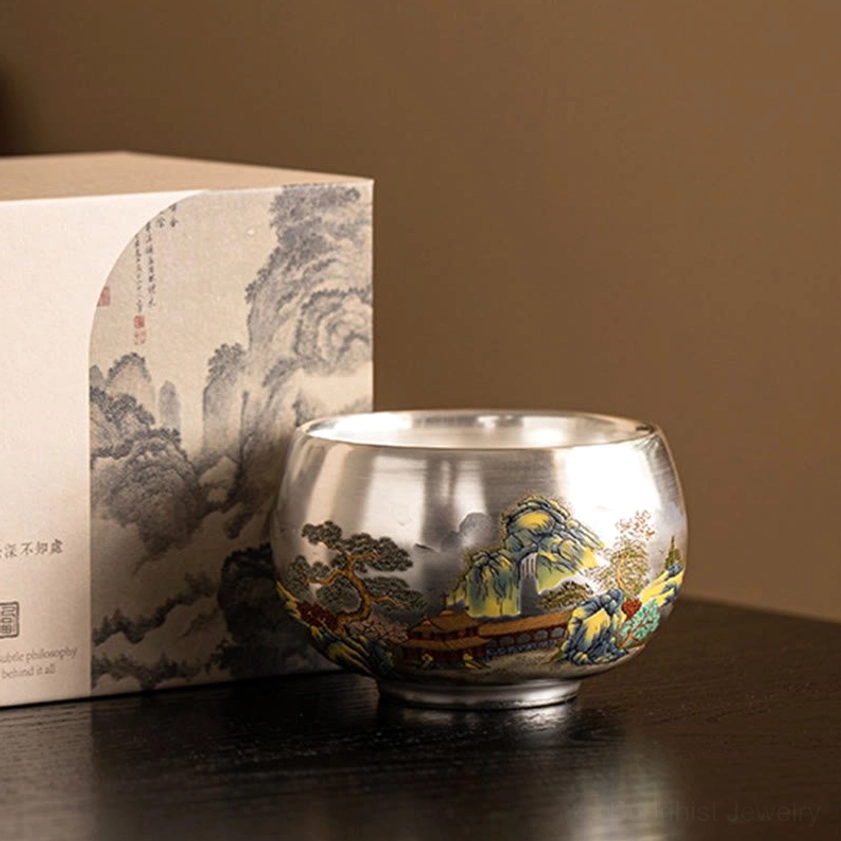 Buddhist tea cup collection display multiple auspicious designs for mindful tea practice