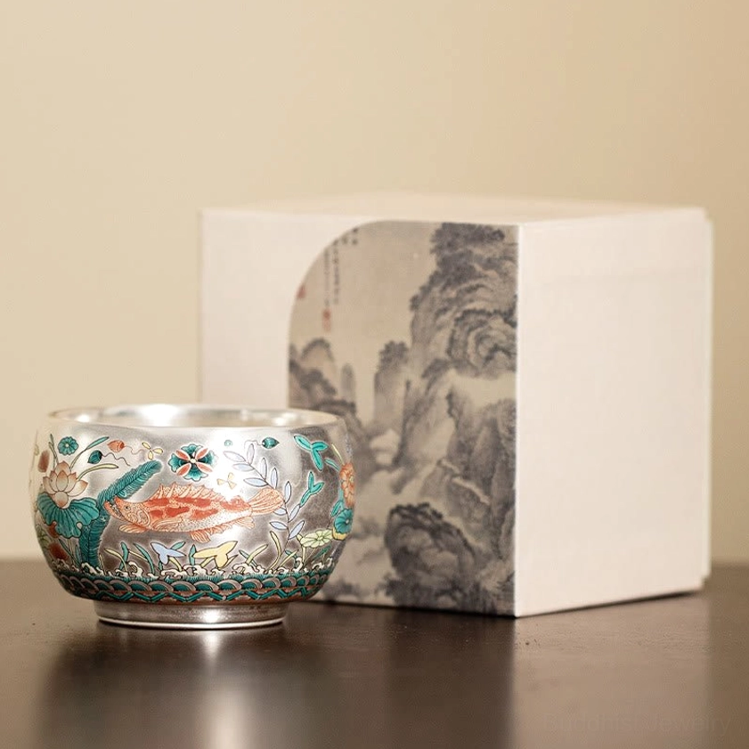 Buddhist ceramic kung fu tea cup and matching landscape printed gift box coordinated presentation