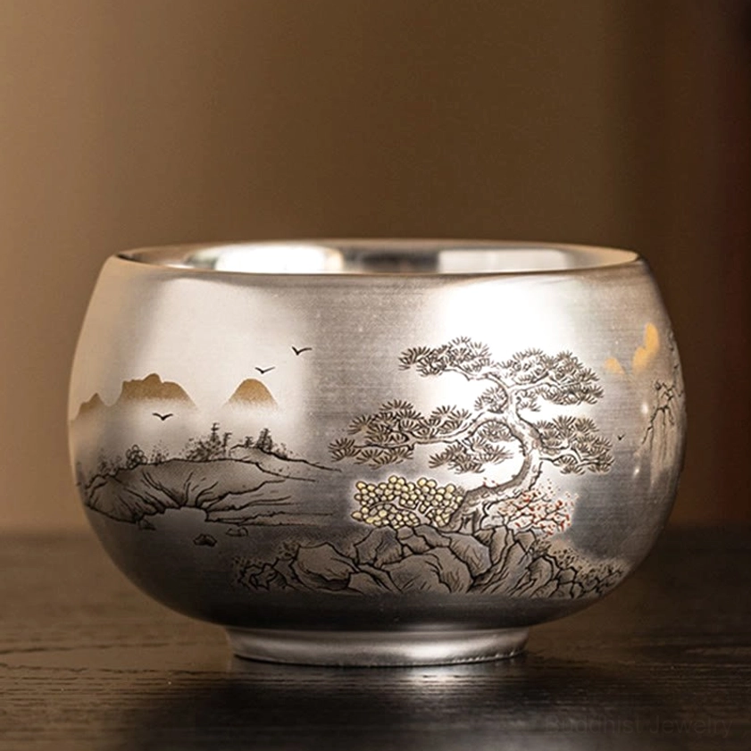 Buddhist ceramic tea cup gift set complete with elegant landscape printed box mindfulness gift
