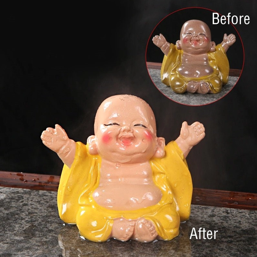 Before and after color transformation comparison of handmade resin laughing Buddha tea pet showing deeper yellow shade post-heat