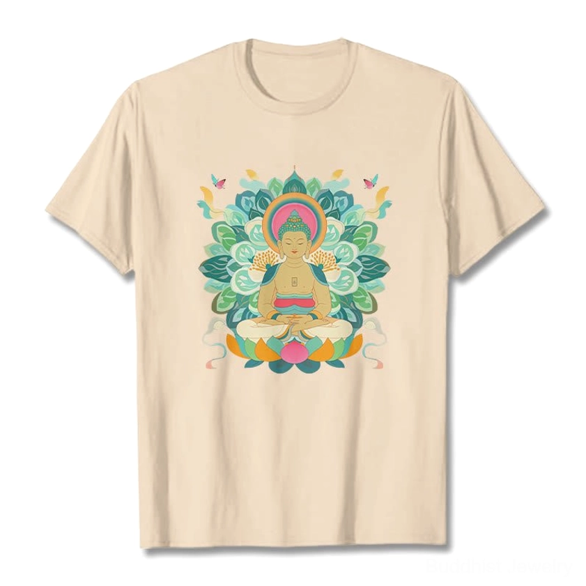 Beige tan Buddhist butterfly lotus graphic cotton t-shirt front flat lay premium print design